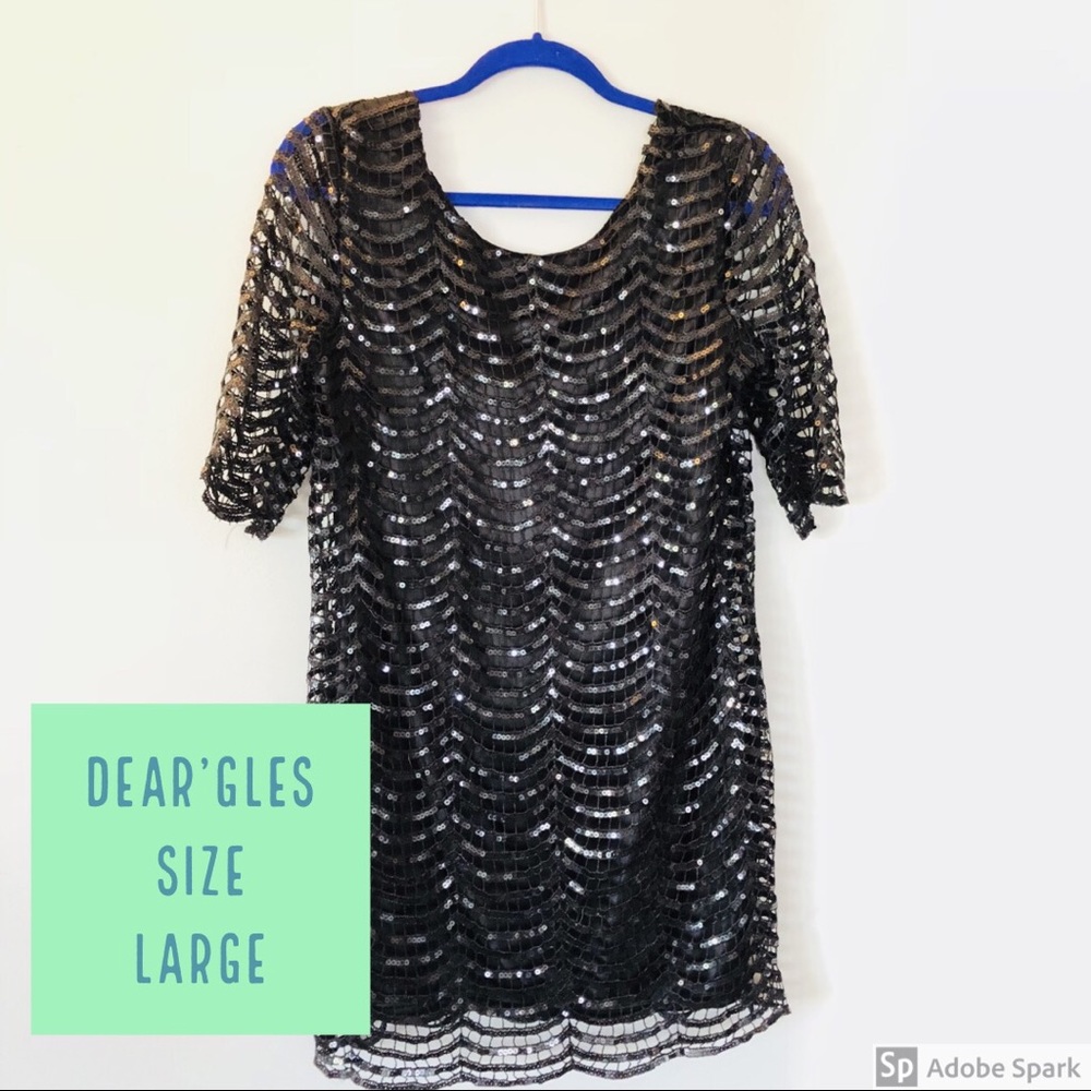 NWT. Dear’gles black sequin dress, size LARGE